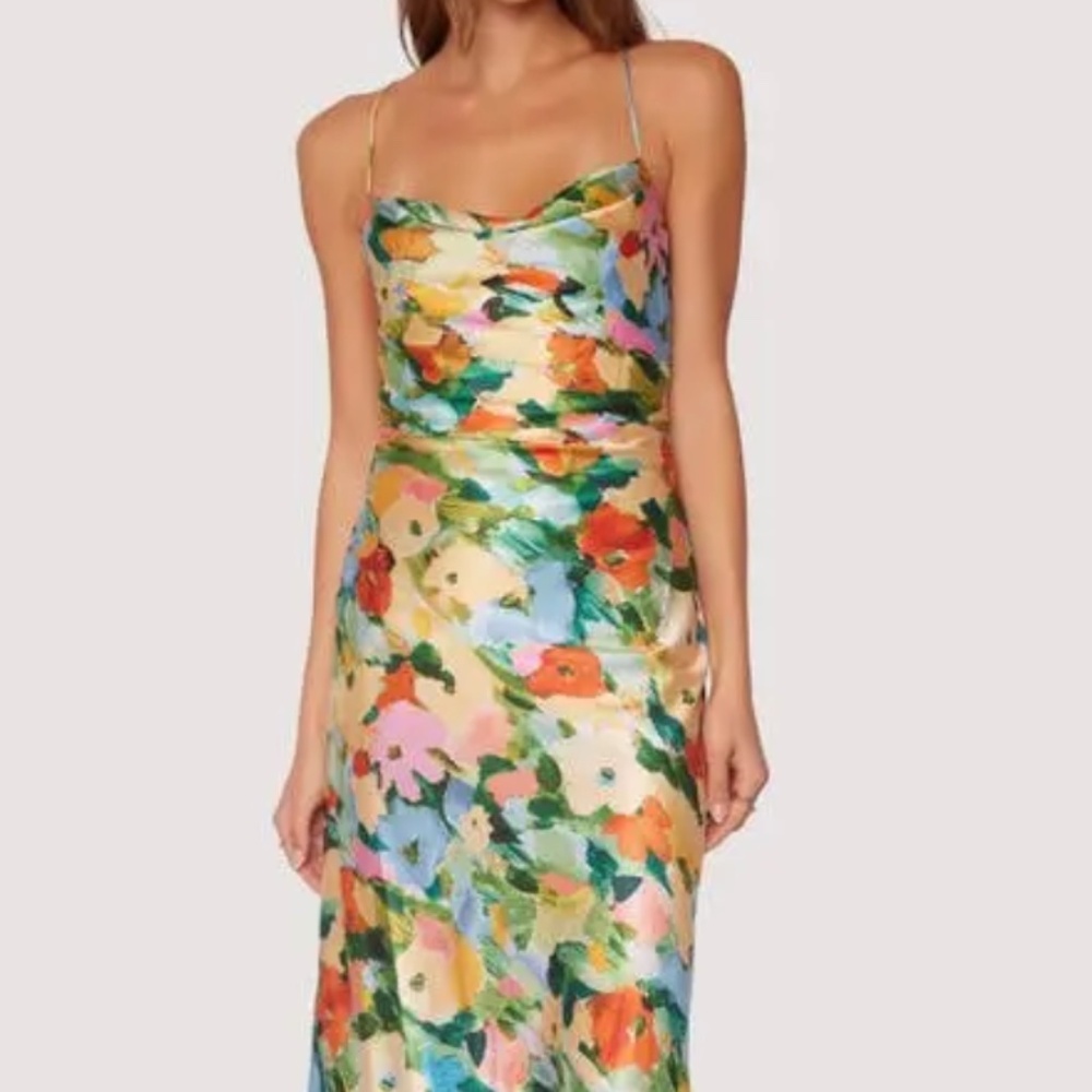 LOST + WANDER  Floral Fantasia Satin Midi Slipdress